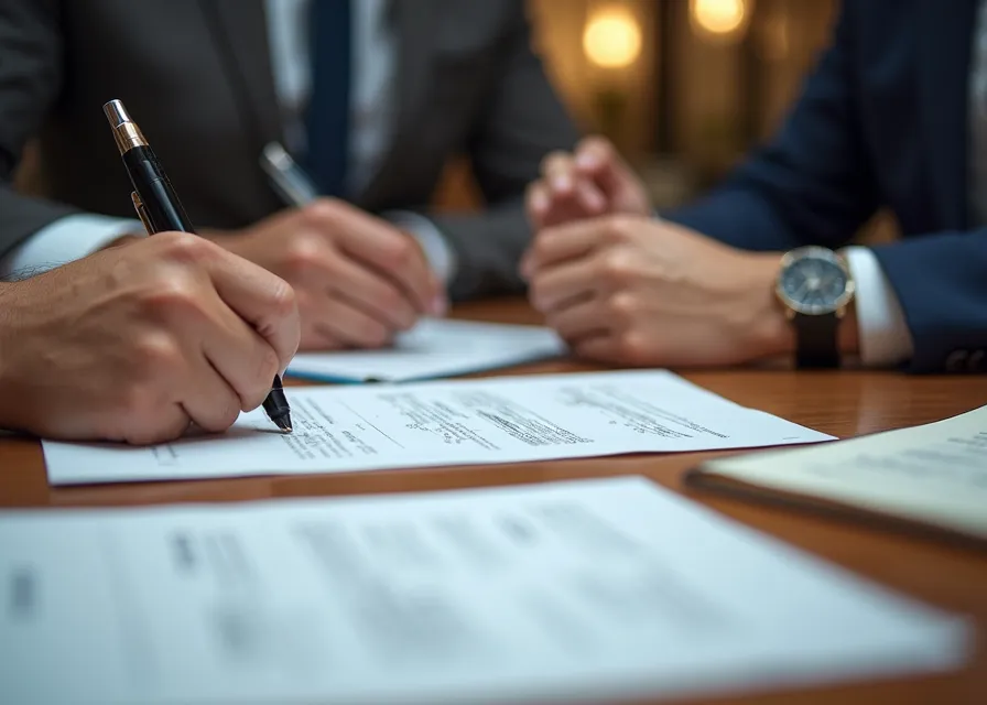 Professional hands collaborating over legal documents and patent papers on a desk